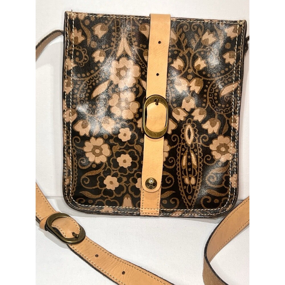 Patricia Nash Brown Tan Black Floral Buckle Accent Crossbody Bag for Women
